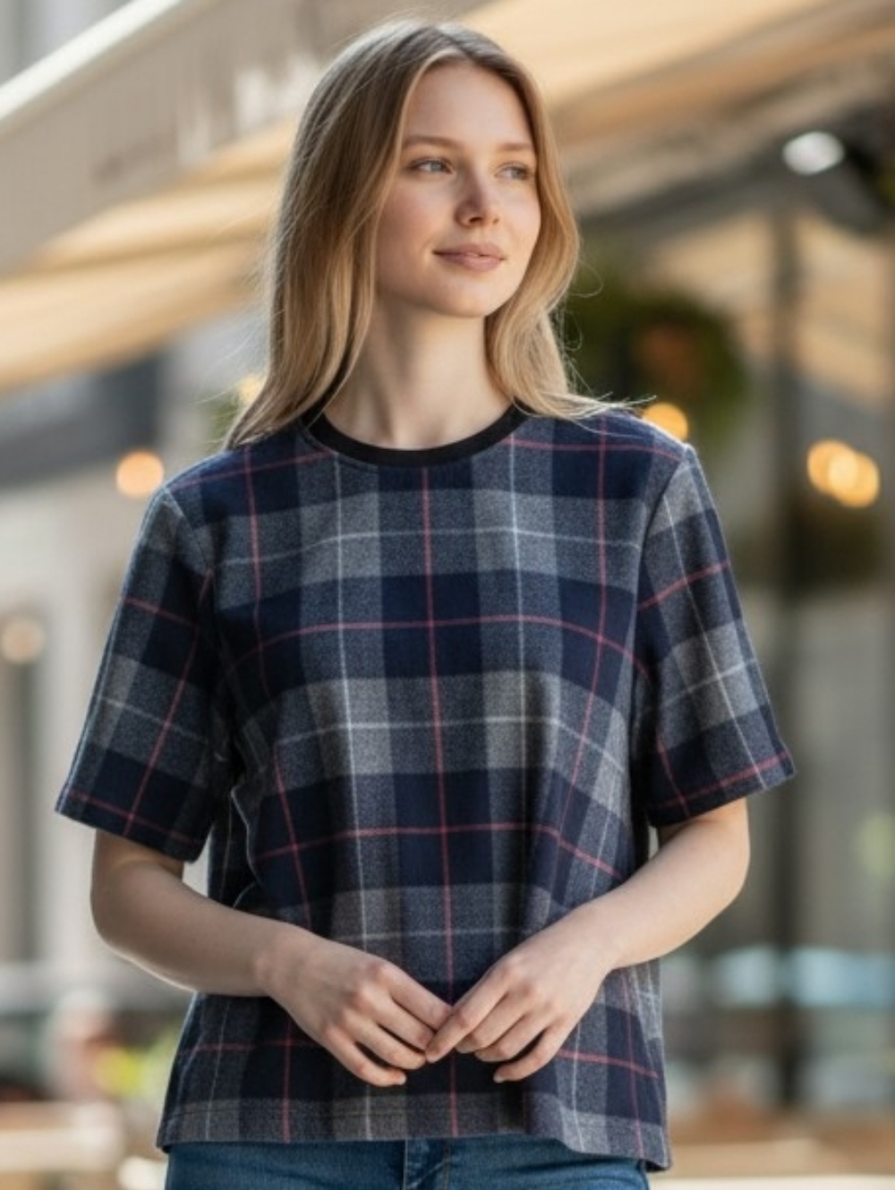 rag & bone Navy, Gray & Pink Plaid Short-Sleeve Tee